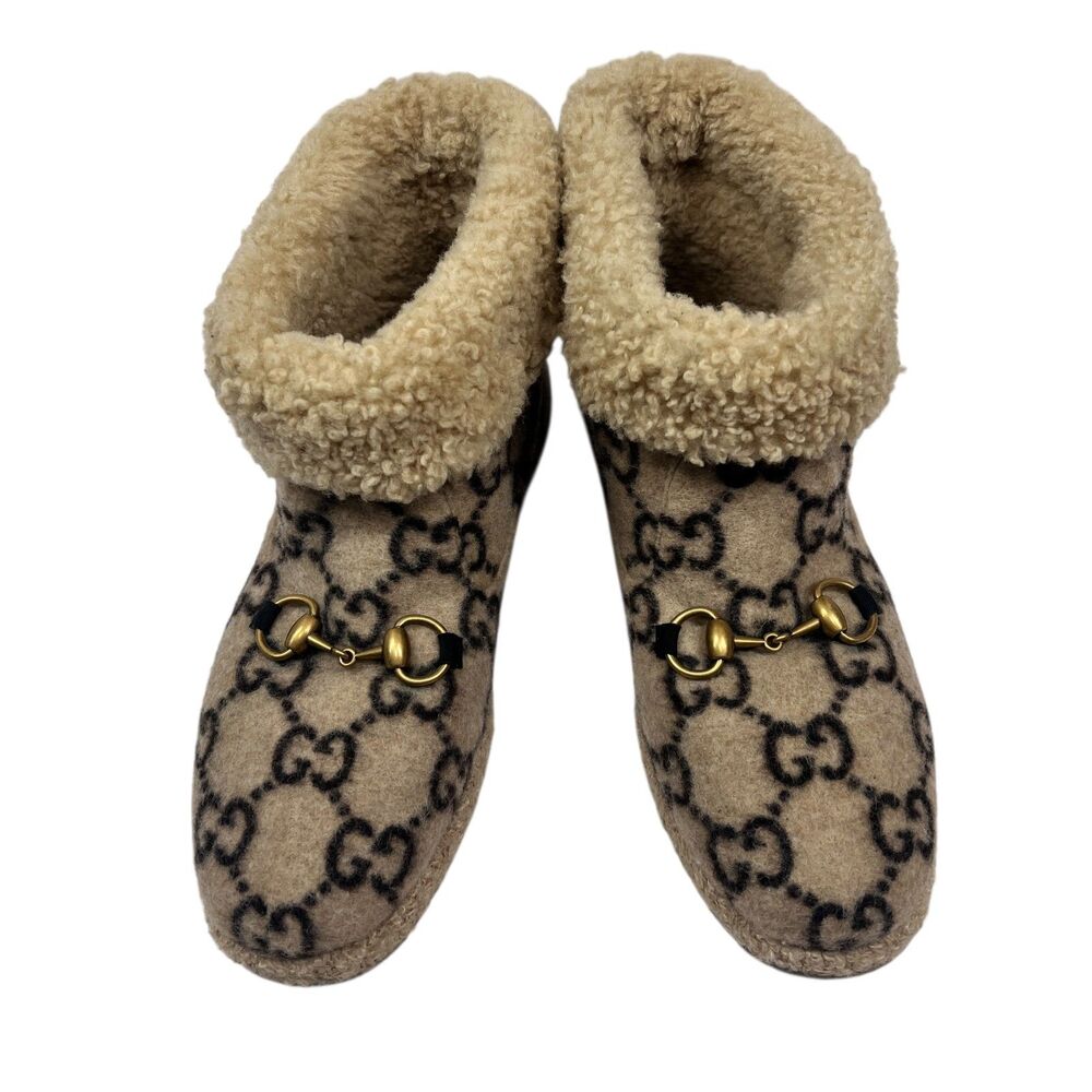 Gucci GG Monogram Wool Shearling Boots Beige Tan Women’s Size EUR 39.5 Horsebit - Picture 13 of 16